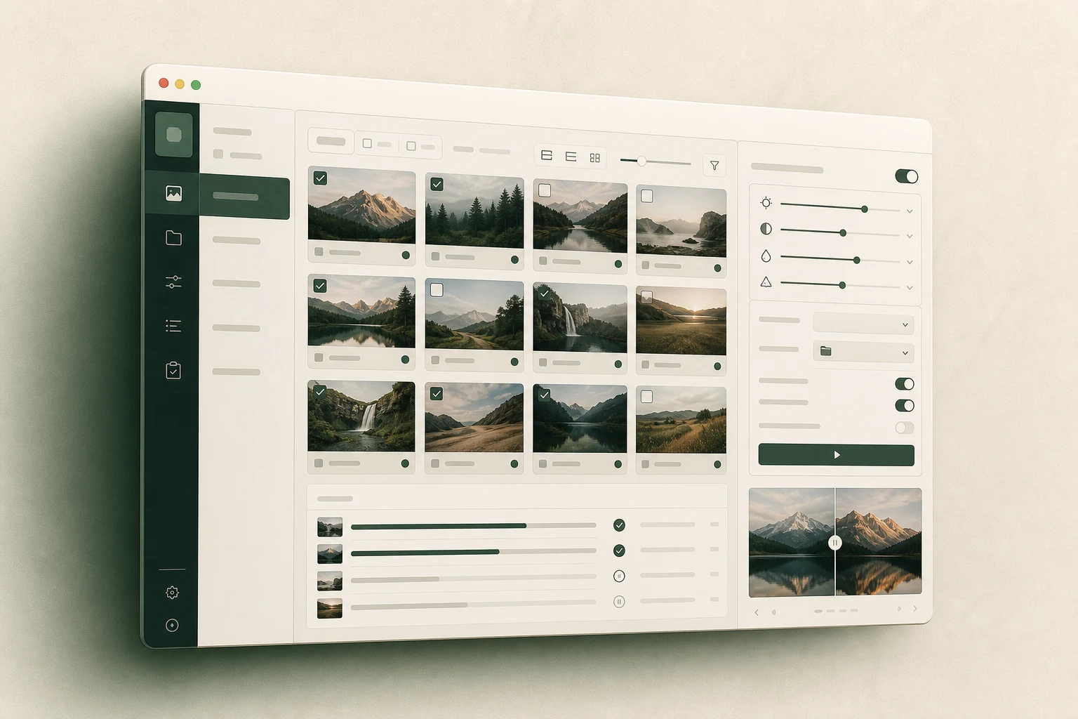 A polished ImageFlow batch processing workspace with image thumbnails, processing controls, and an export preview