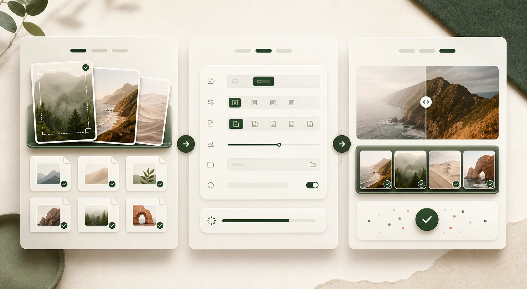 Three connected panels showing image selection, processing settings, and a before-and-after export preview